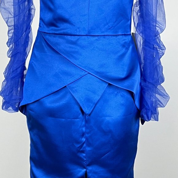 TS Couture Womens Cocktail Dress Blue Long Tulle Sleeves Sheath size Large - Picture 9 of 16